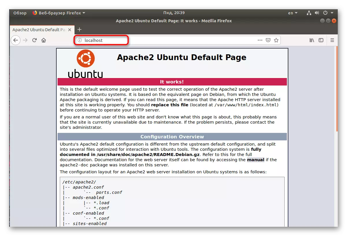 Jděte do standardní stránky Apache prostřednictvím prohlížeče v Ubuntu