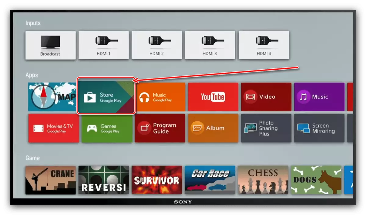 Отваряне на магазин Google Play на Sony телевизор, за да актуализирате YouTube