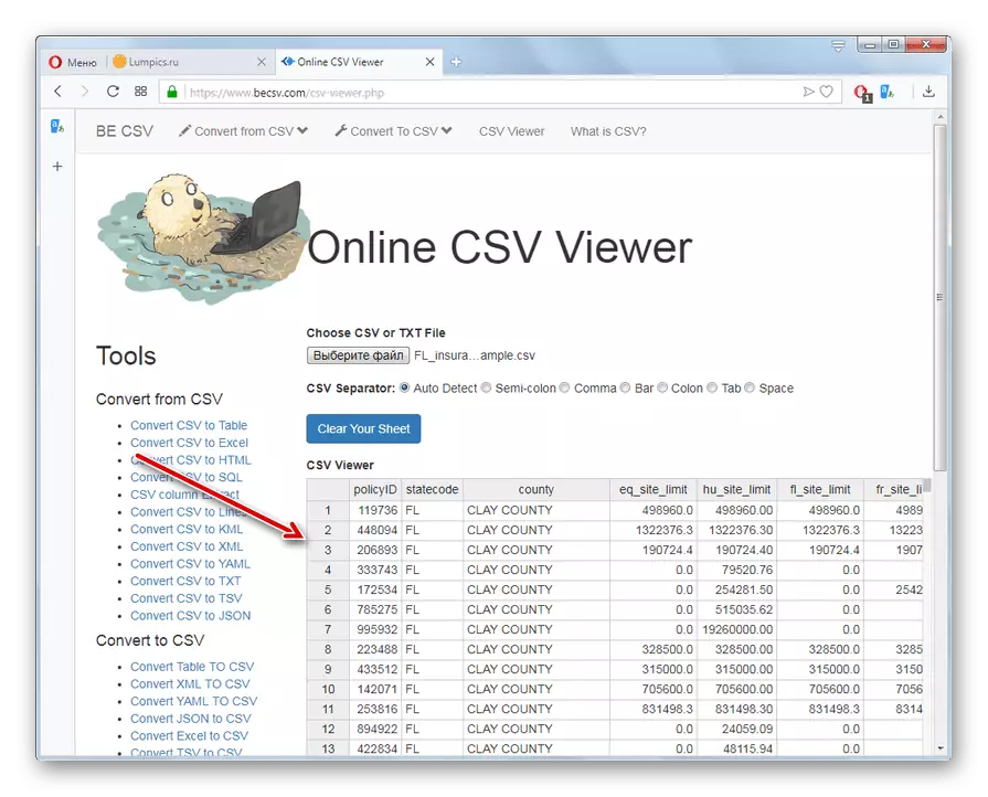 Vsebina datoteke CSV se je pojavila na spletni strani BECSV v brskalniku Opera