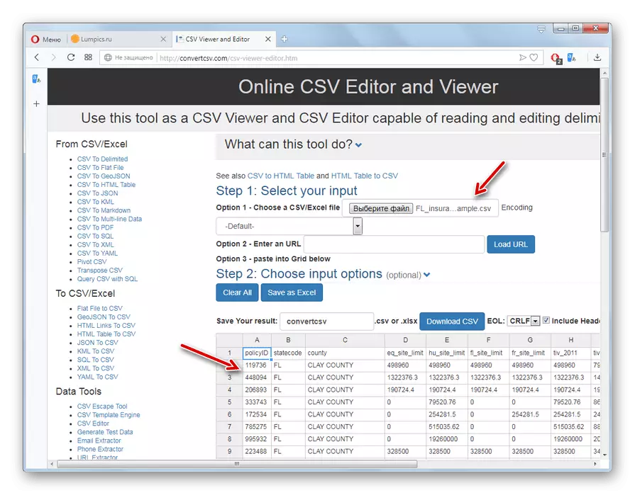 CSV файлының мазмұны Opera браузеріндегі SonvertCSV веб-сайтында пайда болды