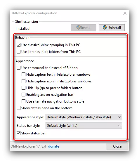Konfigurasi OldnewExplorer kanggo ngowahi Windows 10 ing Windows 7