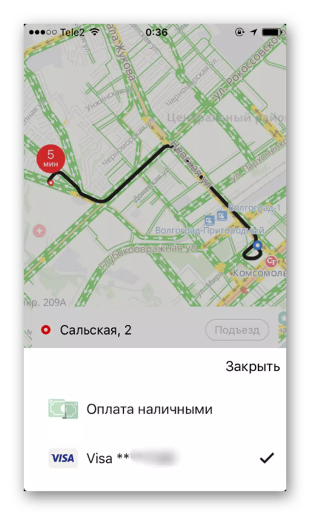 Tilgjengelige betalingsmåter i en bestemt by i Yandex.Taxi-applikasjonen på iPhone