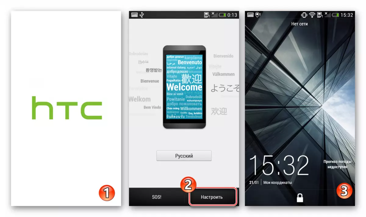 TWRP کے ذریعہ فرم ویئر کے بعد HTC خواہش 601 سرکاری لوڈ، اتارنا Android 4.2 شروع اور ترتیب