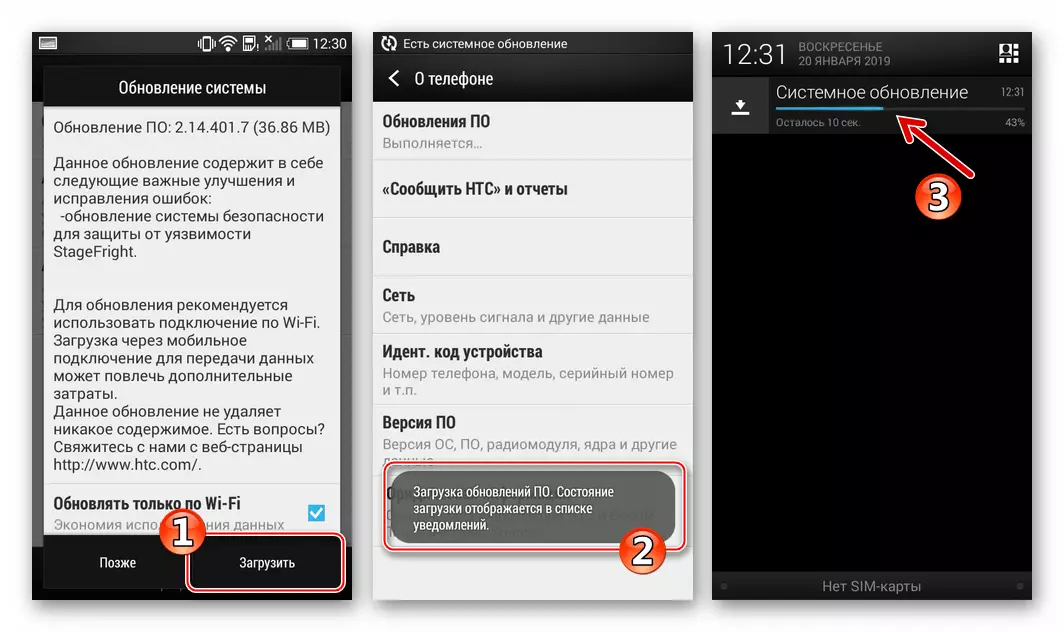 Paquet de descàrrega de processos HTC Desire 601 amb actualització per a OS d'Android