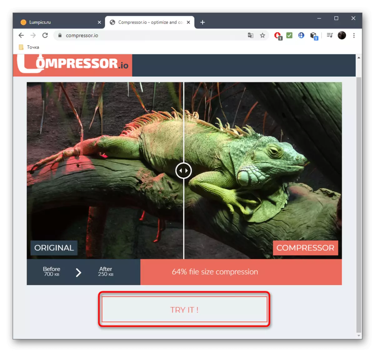 Skift til valg af billeder til kompression uden tab af kvalitet i online service kompressor.io