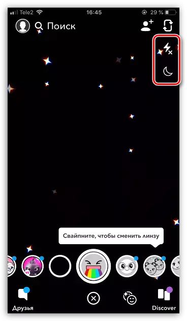 Mode lampu kilat lan wengi ing aplikasi Snapchat ing iPhone