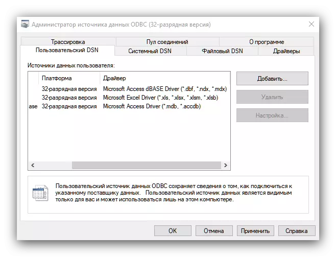 ODBC ဒေတာရင်းမြစ်များ (32-bit) ကို Windows 10 တွင်ဖော်ပြထားသည်