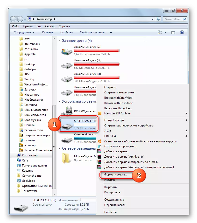 Gaan na Flash Drive Formatering instellings in die rekenaarvenster in Windows 7