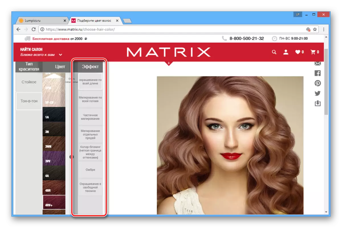 Izbira slikarskega učinka na spletno stran Matrix