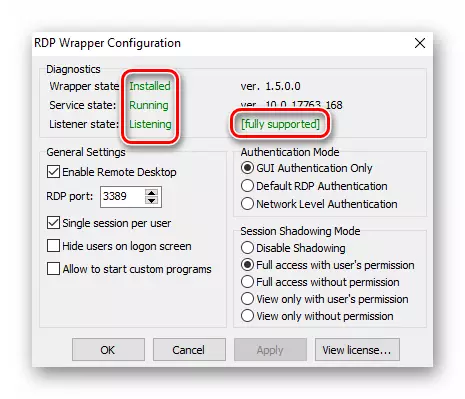 Kontrolvinduet på det installerede RDP-værktøj i Windows 10