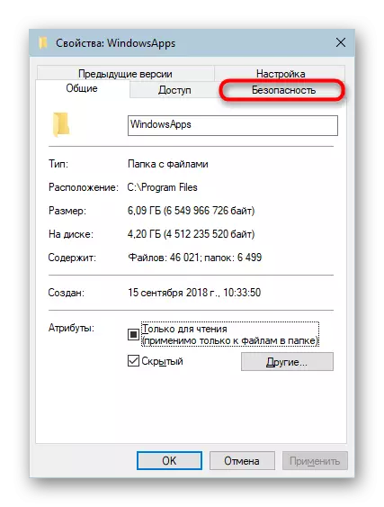 Tab Slándála sna Properties Fillteán WindowsApps in Windows 10