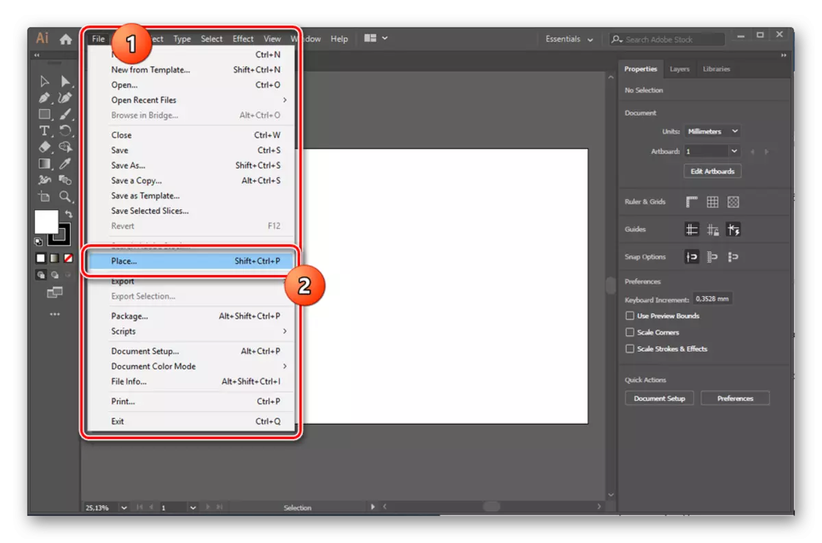 Accesați inserarea fișierului CDR în Adobe Illustrator