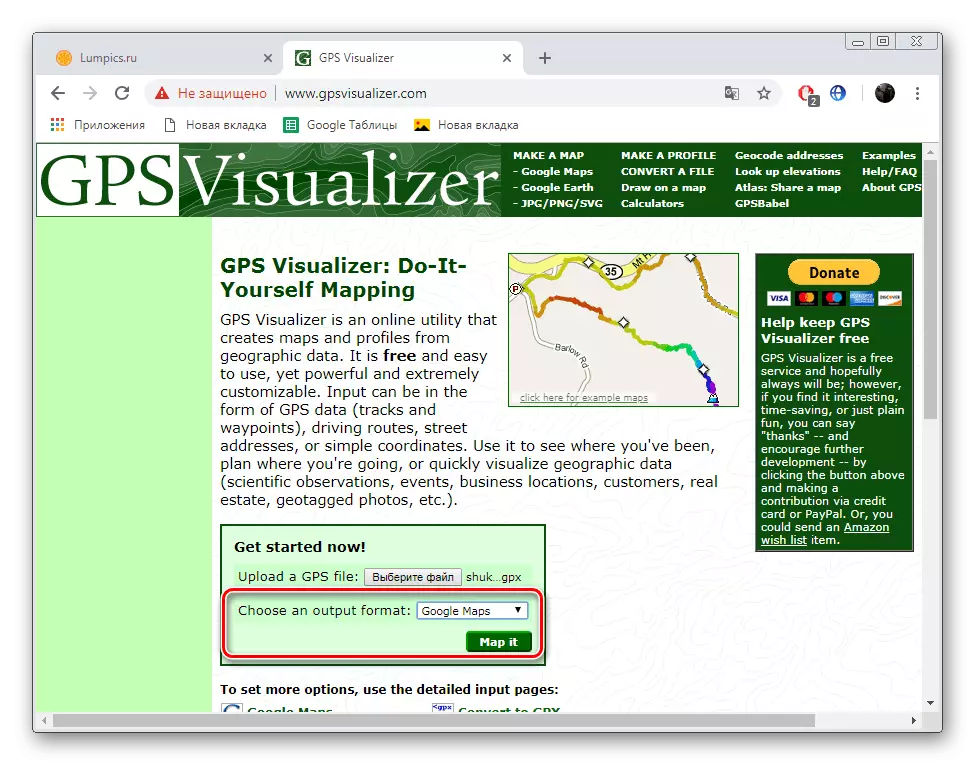 Одете на прикажување на Google Maps GPSVisualizer