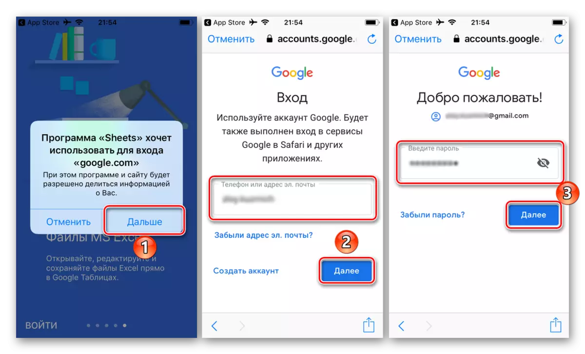 Inserisci login e password dall'account in Google Application Tables per iOS