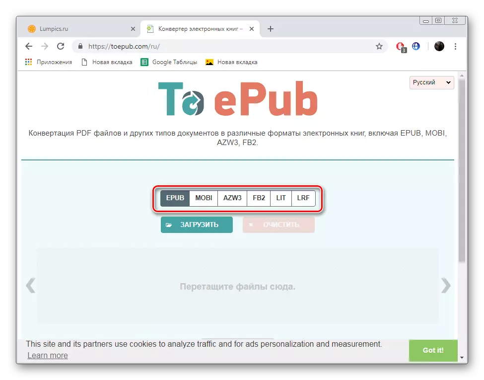 Select a format for converting on the TOEPUB website