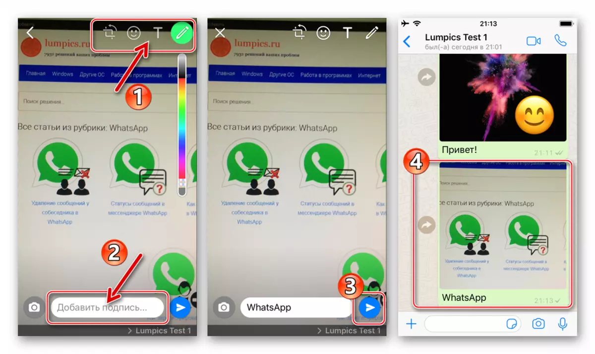 WhatsApp para iPhone editando una instantánea creada por la cámara en el Messenger, enviando el resultado