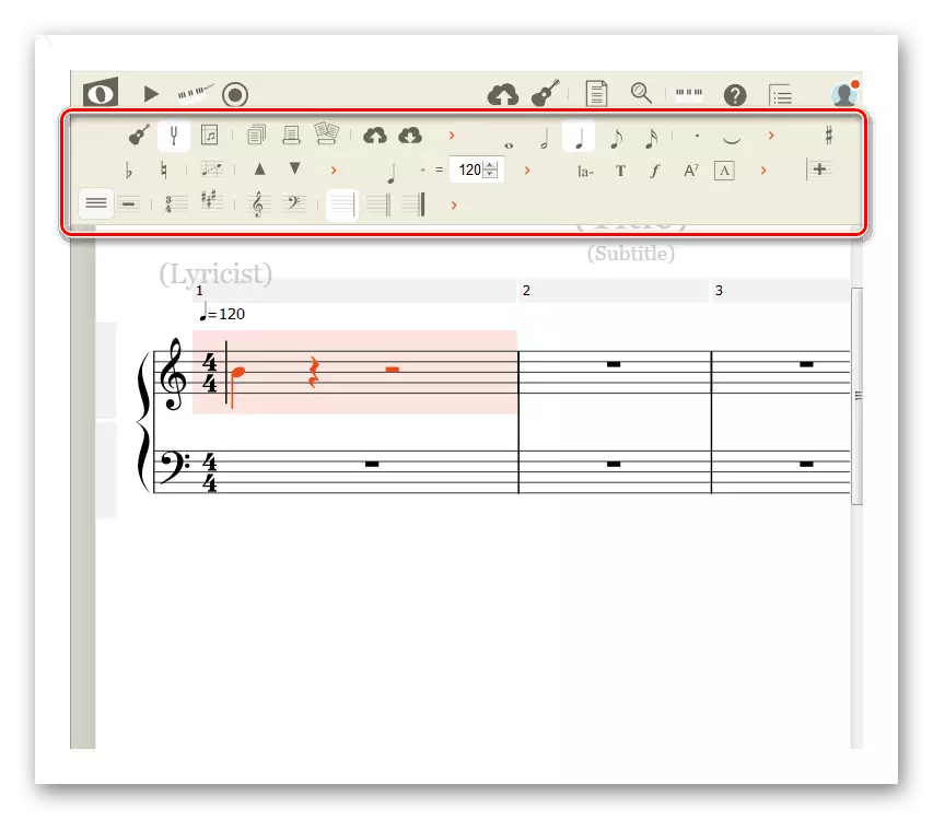 Toolbar երաժշտական ​​նշանների տեղադրման համար NOTEFLIX Վեբ ծառայության կայքում