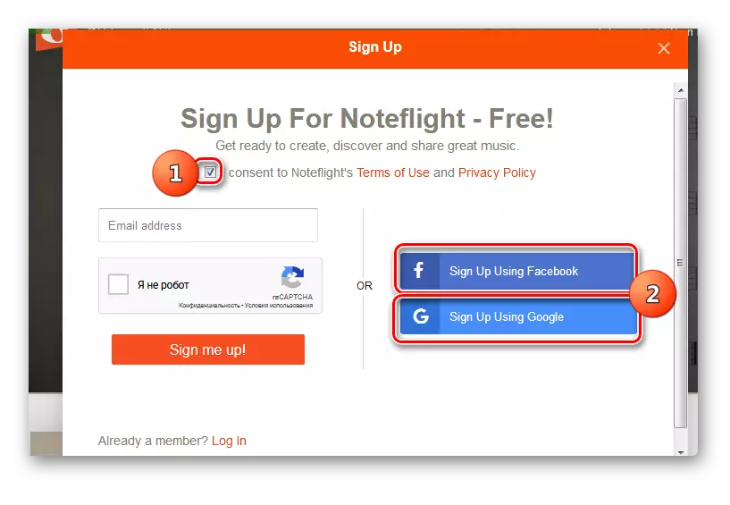 Registrasie deur sosiale netwerke op die webwerf van aanlyndiens Noteflight