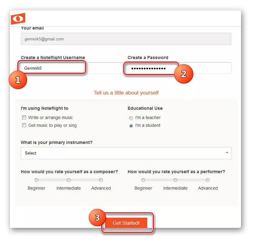 Vyplnění formuláře pro registraci na online službě Noteflight