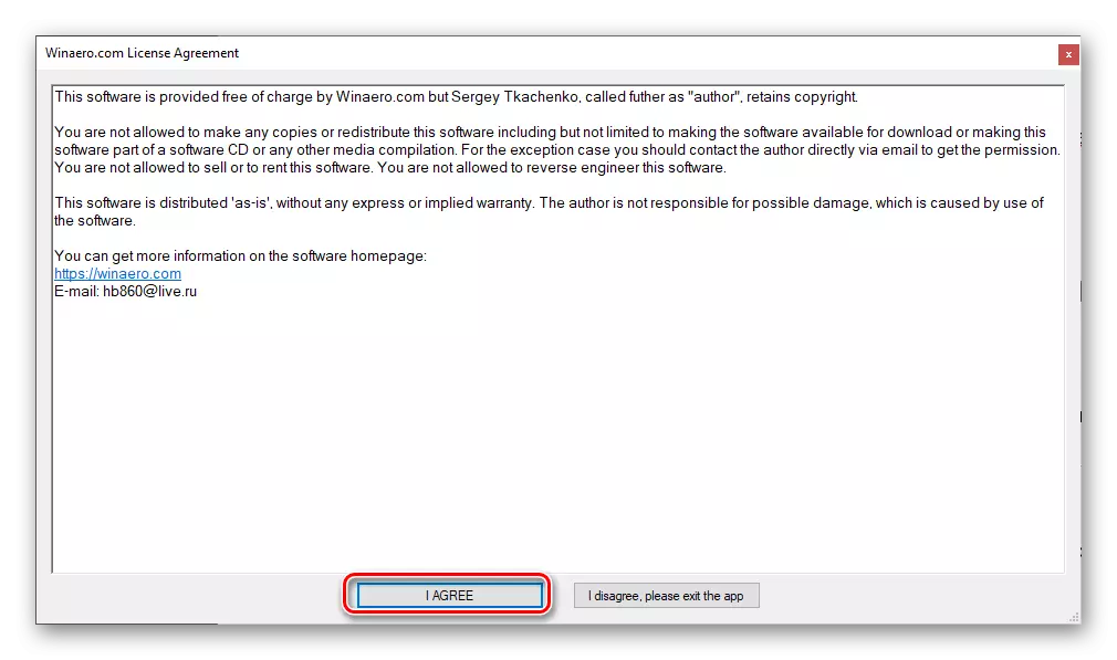 Przyjęcie warunków umowy użytkownika w aplikacji Winaero Tweaker w systemie Windows 10