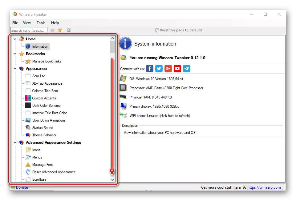 Przewiń do końca dostępnych funkcji dostępnych w aplikacji Winaero Tweaker w systemie Windows 10