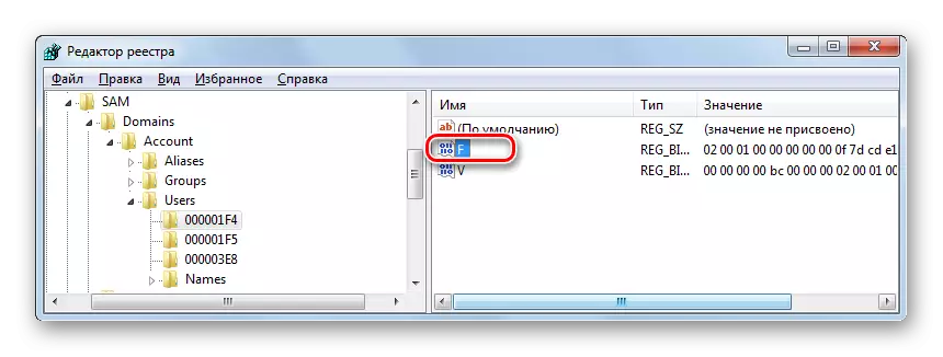 Windows 7의 Windows 레지스트리 편집기 창에서 섹션 000001F4 섹션에서 바이너리 매개 변수 F의 편집기 값 열기
