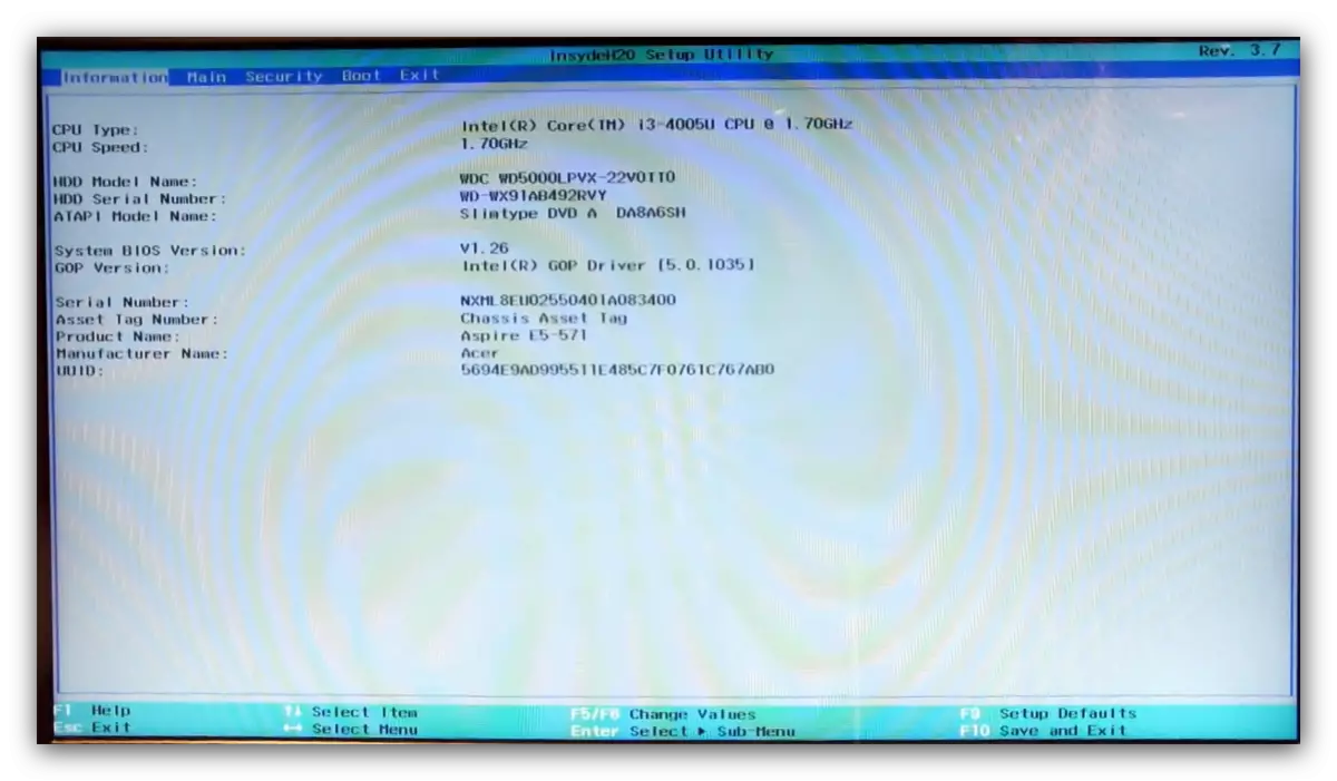 Golygfa gyffredinol o'r gliniadur BIOS BIOS Laptop Acer
