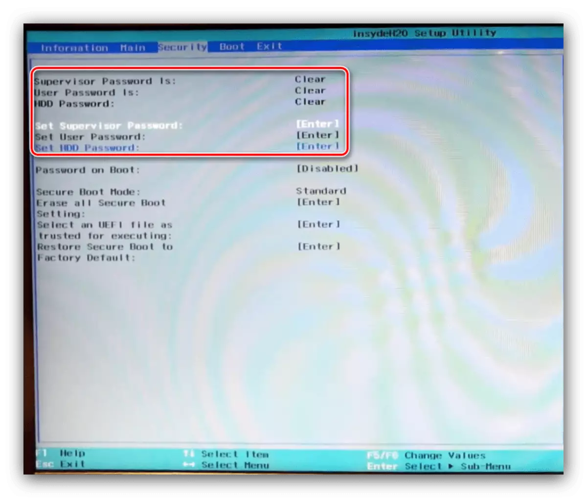 Настройките на паролата в раздела лаптоп Acer BIOS интерфейс за сигурност