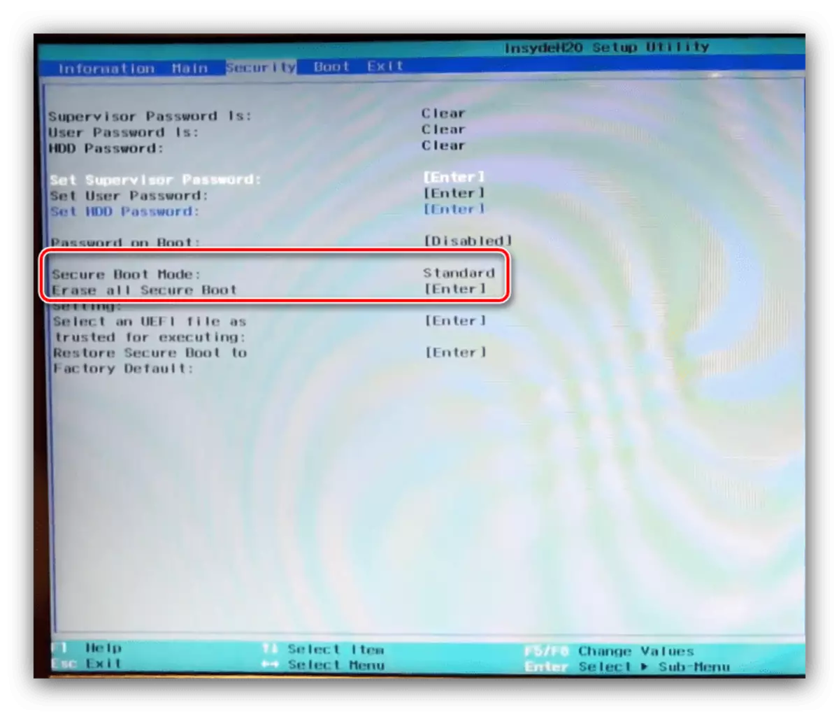 Безбедни опции за подигање на Acer лаптоп BIOS безбедност табот