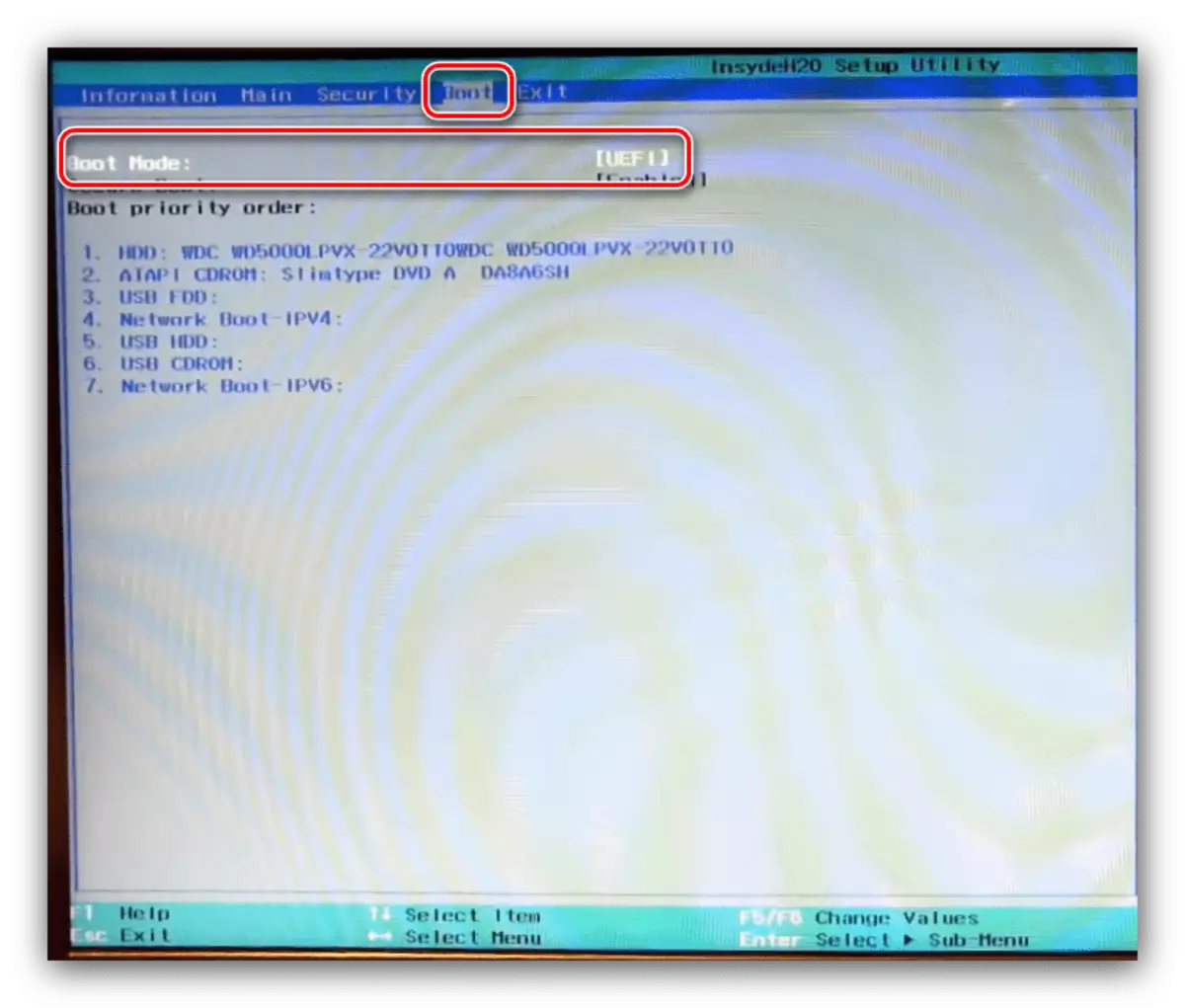 Qlib tal-modalità fuq il-laptop Acer BIOS uploads uploads tab