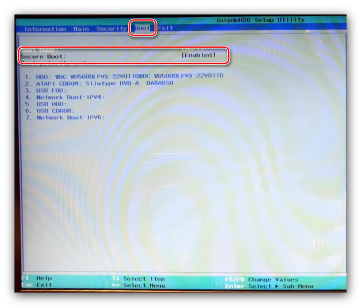 Deaktiviranje varnega zagona na kartici Acer Laptop Interface Interface TAB