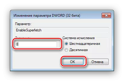 Digite o valor do desligamento completo do Superfetch no Windows 7
