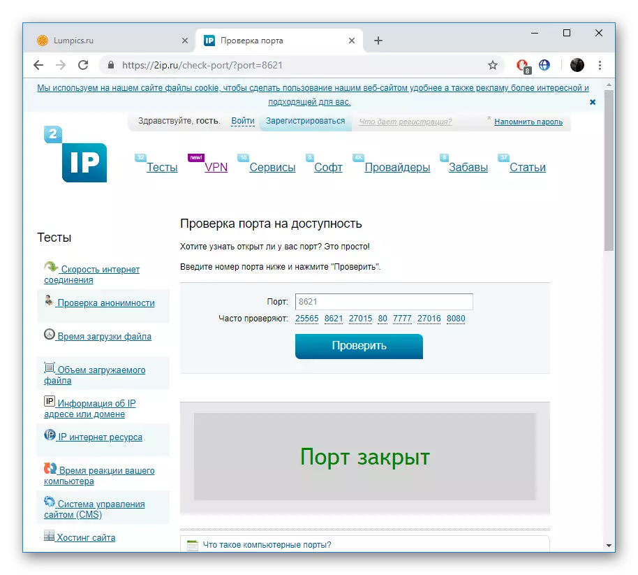 Informasjon om den påviste porten på nettstedet 2ip.ru