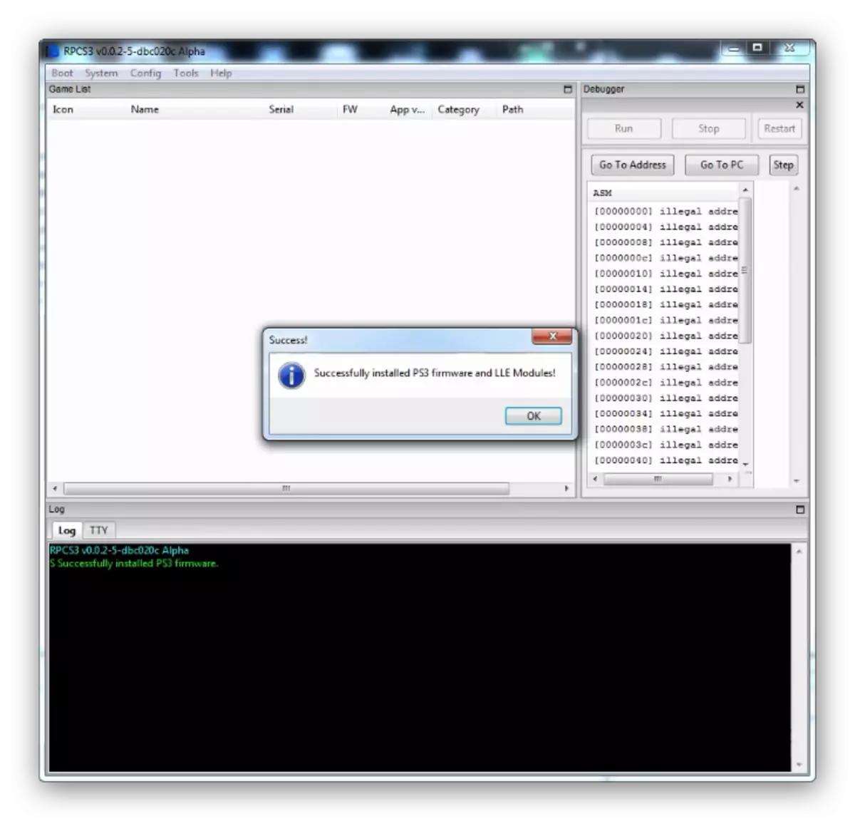 Terminarea instalării firmware-ului în emulator PS3 pentru Windows 7