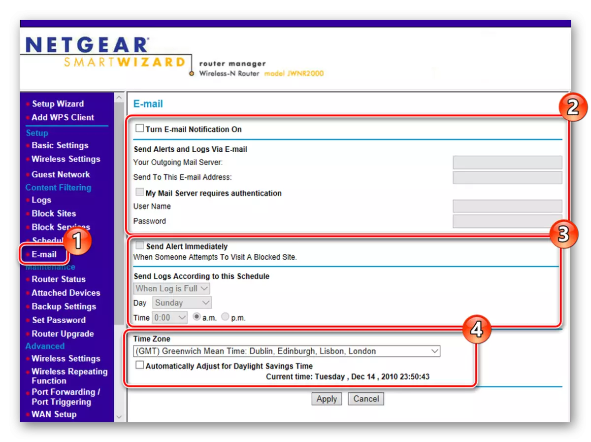 E-pošta Opozorila v NetGear Routhear Varnostne nastavitve