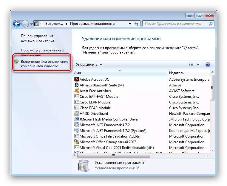 Možnost povolit nebo vypnout komponenty Windows 7 v programech a komponentách