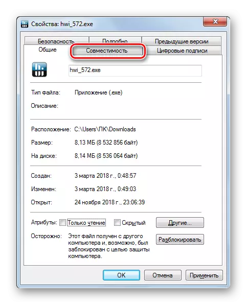 Buka tab kasaluyuan dina program sumber sipat dina Windows 7