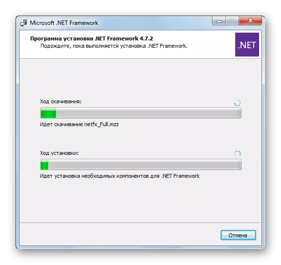 Ynstallaasjeproseduere yn 'e Microsoft .NET .NET Frament Component Installation Wizard Finster yn Windows 7