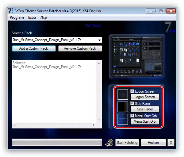 Vælg Interface Elements for at ændre i 7TSP-programmet i Windows 7