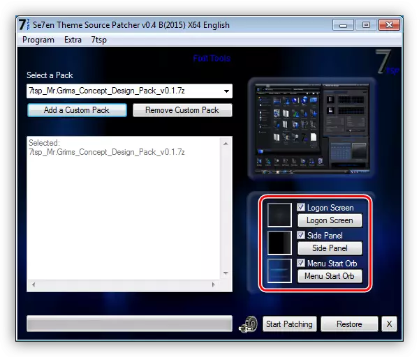 Windows 7-da 7tsp dasturida o'zgartirish uchun interfeys elementlarini tanlang