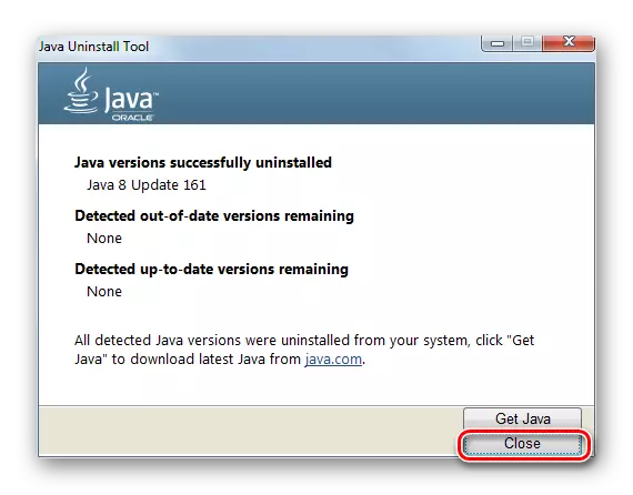Затворање на прозорецот JavauninstalToolTOULT прозорец по отстранување на Java во Windows 7