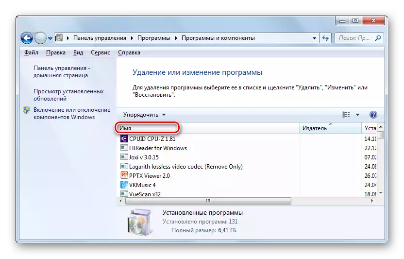 Ngganti jeneng program alfabet ing Delete lan ngganti program panel kontrol ing Windows 7