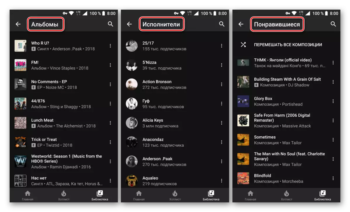 Albumen, Kënschtler, Mëschbecken a gefalen Tracks zu Youtube Mobile App fir Android