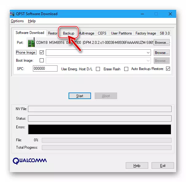 Lenovo A6010 Scheda Backup nella finestra di download del software Utillet da QPST per creare una copia di backup di IMEI