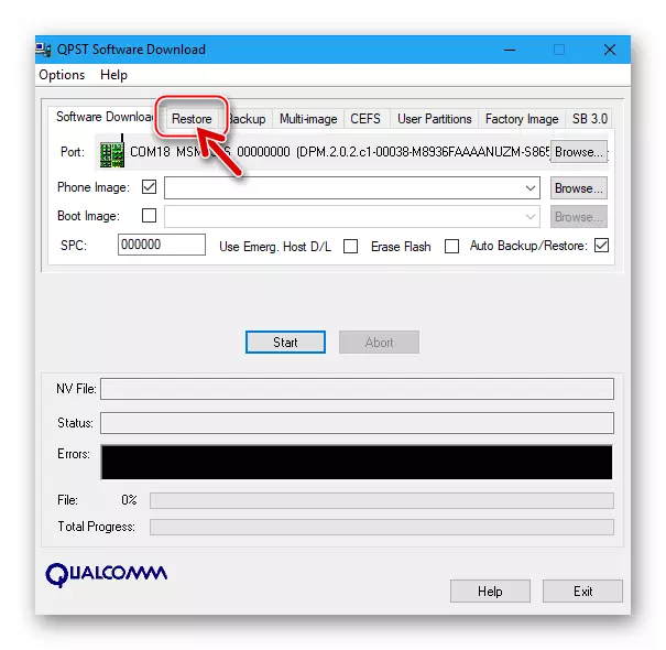 Lenovo A6010 аднаўленне IMEI на тэлефоне праз QPST - ўкладка Restore ў акне ўтыліты Software Download