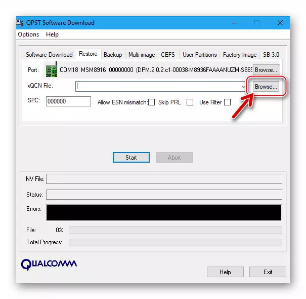 Lenovo A6010 аднаўленне IMEI праз QPST - ўкладка выбар шляху, дзе захавана рэзервовая копія ў акне ўтыліты Software Download