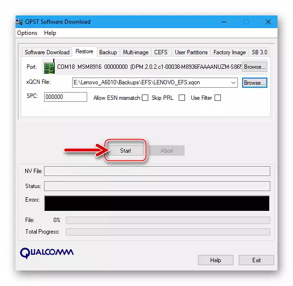 Lenovo A6010 Inizia a ripristinare IMEI tramite QPST - dal backup creato dall'utilità di download del software