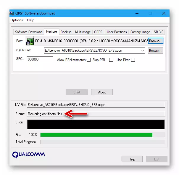 Proses pamulihan Winovo A6010 dina telepon via QPST - Utiliti Unduh