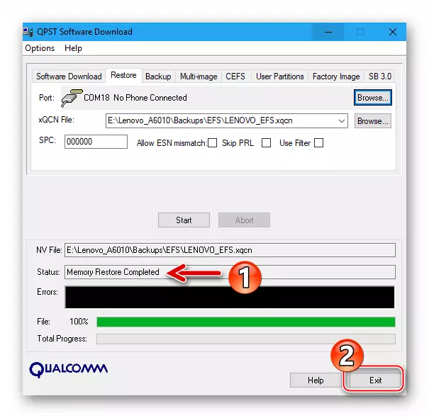 Lenovo A6010 Preuzimanje softvera program iz QPST kit - EFS oporavak od backup dovršen