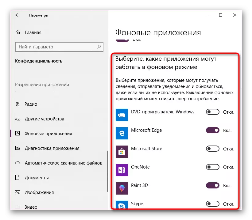 Ngắt kết nối các ứng dụng trong nền trong các tham số Windows 10